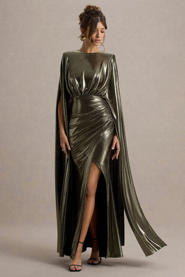 Theia Gold Metallic Cape-Sleeve Split Maxi Dress